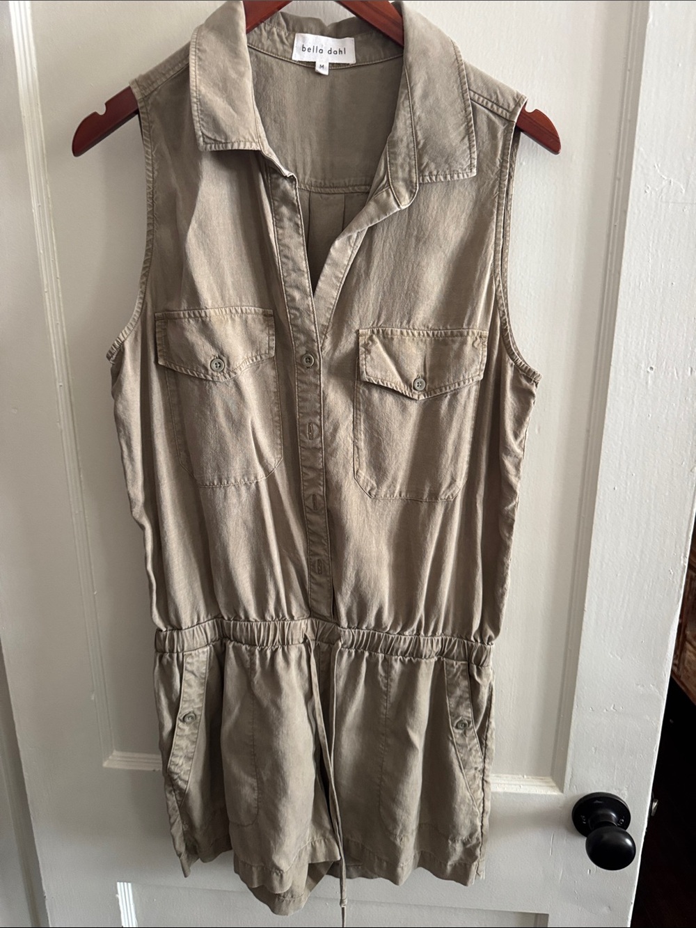 Bella Dahl Sleeveless Button-Front Utility Romper in olive green